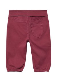 Bordeaux stretchpants met een elastische tailleband, afgeronde broekspijpen en een enkele achterzak. Glad van textuur en met een effen kleur doorlopend.