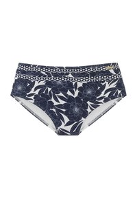 Tamsiai mėlynas gėlių rašto bikini dugnas su baltais akcentais. Turi aukštą liemenį ir tekstūruotą juosmenį. 92% poliamido, 8% elastano.