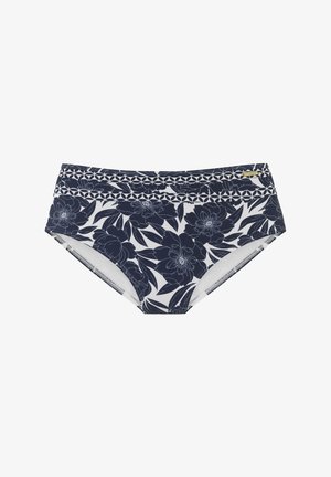 Tamsiai mėlynas gėlių rašto bikini dugnas su baltais akcentais. Turi aukštą liemenį ir tekstūruotą juosmenį. 92% poliamido, 8% elastano.