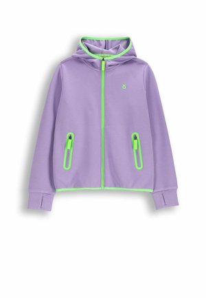 Fioletowa bluza z kapturem na suwak z zielonymi lamówkami wokół zamka, kieszeni, mankietów, dołu i kaptura, z małym zielonym logo na piersi.