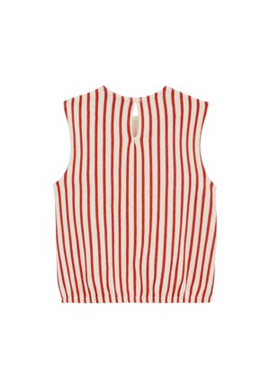 Mouwloos gebreid topje met verticale rood-witte strepen, voorzien van een kleine keyhole-opening met knoopsluiting aan de achterzijde van de hals.