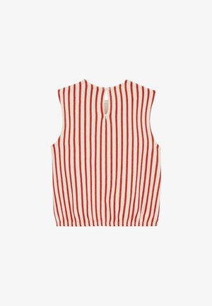 Haut sans manches en maille à rayures verticales rouges et blanches, avec une petite ouverture en trou de serrure fermée par un bouton au niveau de l'encolure arrière.