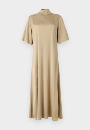 Vestido beige hasta las rodillas con cuello alto y mangas cortas. Hecho de una tela suave, presenta un corte holgado y un diseño sencillo.