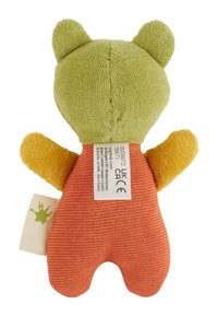 Soft toy with a green terry cloth head, orange body, and yellow arms. Features rounded ears and a fabric label with care instructions.