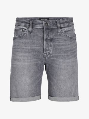Grijze denim shorts met een licht versleten uiterlijk, voorzien van een omgeslagen zoom, vijf zakken en een knoopsluiting. Label: JACK & JONES.