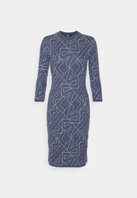 Námořnické šaty s dlouhým rukávem a geometrickým bílým vzorem. Přiléhavý střih, kulatý výstřih, střední délka, vyrobeno z měkkého, elastického materiálu.