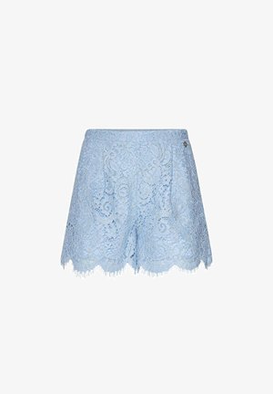 Pantaloncini in pizzo azzurro chiaro con motivo floreale e orlo smerlato, caratterizzati da una vita alta e delicati bordi frangiati.