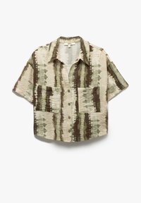 Korte mouwen shirt in beige met groene en bruine abstracte strepen; heeft twee voorkruisen en knopen in het midden. Lichtgewicht stof.
