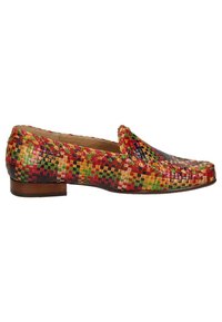 Woven slip-on shoe featuring a colorful checkerboard pattern in red, green, yellow, and blue, with a flat brown heel and smooth interior.