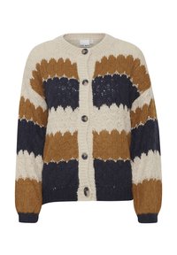 Adīta kardigāna ar maiņojošām zigzaga svītrām krēmkrāsā, tumši zilā un sinepju krāsā. Iekļauti seši pogas pa priekšu un apaļa apkakle.