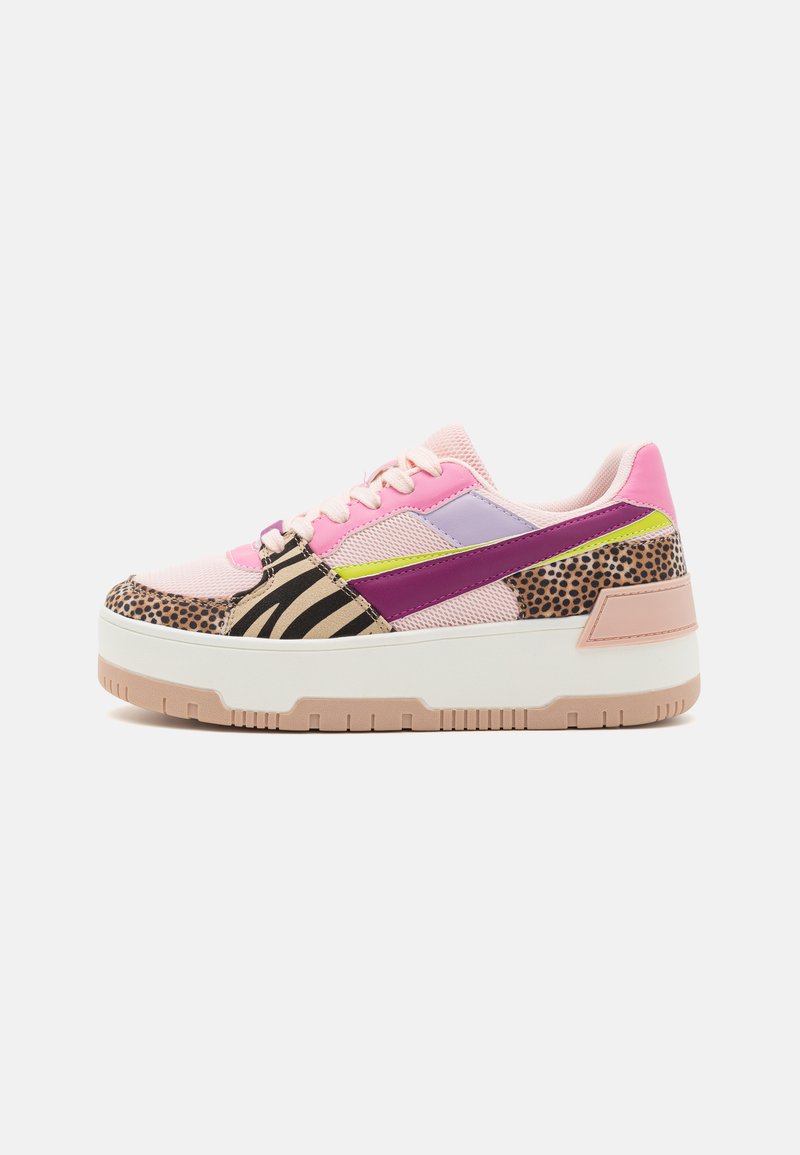 Multicolored sneaker featuring a pink mesh upper, leopard and zebra pattern accents, purple and lime green overlays, and a chunky white sole.