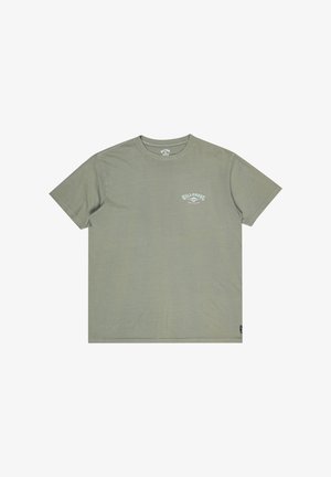Olive green cotton t-shirt with a round neckline, short sleeves, and a small front logo. Soft texture and casual fit.
