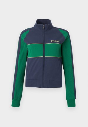 Navy- og grøn fuld lynlåstrøje med høj krave, lange ærmer, sidelommer og "palm angels" logo på brystet.