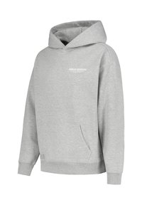 Grauer Hoodie aus weichem Stoff, mit einer Vorderasche, gerippten Bündchen und Saum. Kleiner Drucktext auf der Brust mit der Aufschrift "URBAN EDITION."