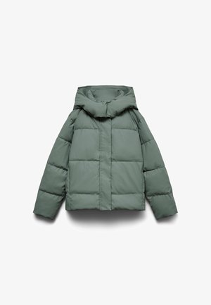 Grøn dunjakke med en bred hætte, kendetegnet ved en boxy form, quiltet tekstur og en lynlåslukning foran. Ingen synligt metal eller mønstre.