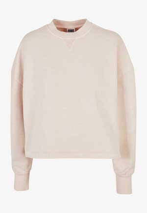 Lichtroze sweatshirt met een ronde hals en een dropped shoulder. Gemaakt van zachte stof met een gestructureerde afwerking en geribbelde boorden. Voorzien van een V-vormige halslijn.