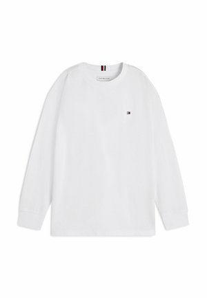 Maglietta bianca a maniche lunghe con scollo rotondo, piccolo logo Tommy Hilfiger sul petto a sinistra e polsini a costine.