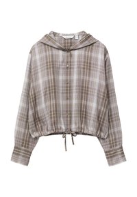 Brown plaid cropped shirt with a hood, button front, and drawstring hem. Made of lightweight fabric with long sleeves and buttoned cuffs.