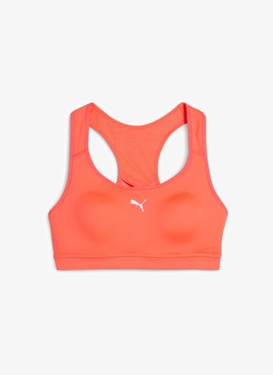 Sutien sport Puma într-o nuanță vibrantă de corai, cu o textură netedă. Dispune de un design cu bretele în stil racerback și un logo alb central pe față.
