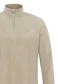 Pullover in pile beige con zip a un quarto di lunghezza e colletto alto. Presenta un piccolo logo sul petto e una superficie morbida e texture.