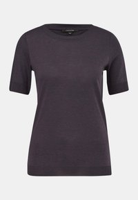 Koszulka z krótkim rękawem w ciemnoszarym kolorze, okrągły dekolt, wykonana z miękkiego materiału, z prążkowanymi mankietami i dolnym wykończeniem, o gładkiej fakturze.