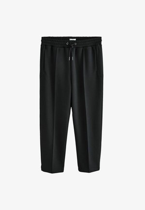 Pantaloni atletici negri cu talie elastică, închidere cu șnur, două buzunare laterale și croi lejer pentru confort. Textură de țesătură netedă.