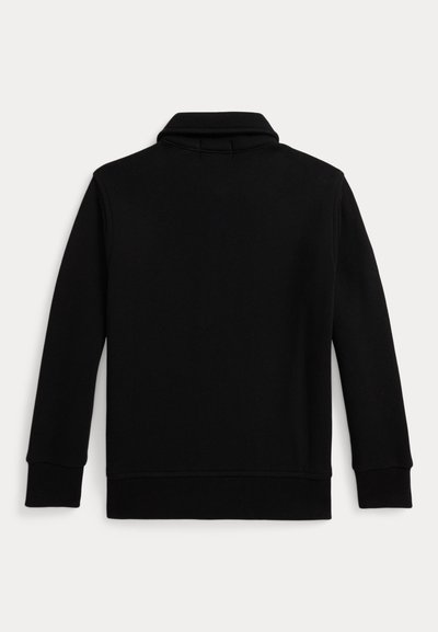 Pull noir à manches longues avec col montant, poignets côtelés et ourlet droit, vu de dos sur un fond uni.