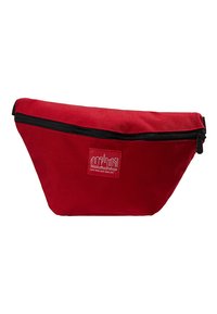 Red canvas pouch with a black zipper, triangular shape, and a small logo patch on the side. Smooth texture and durable material.