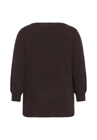 Pull marron foncé à manches longues avec une coupe ample et des poignets côtelés, montré de dos sur fond blanc.