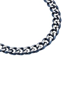 Collana in metallo a catena con anelli alternati in argento e blu scuro, con una texture liscia e una forma uniforme.