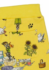 Gelbes Fabric mit einem verspielten Druck von Tieren und Sonnenblumen. Enthält eine Rückentasche mit umreißenden Details. Weiche, baumwollartige Textur.