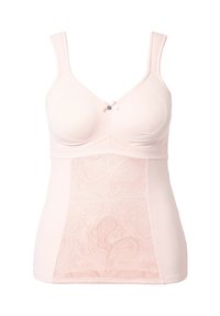 Hellrosa Damen-Camisole mit breiten Trägern, integriertem BH, kleinem Schleifchen mit Charm in der Mitte und vorderem Stoffpanel mit Paisley-Muster.