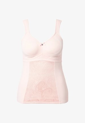 Světle růžové dámské tílko se širokými ramínky, integrovanou podprsenkou, malou mašlí se šperkem uprostřed a látkovým panelem s paisley vzorem na přední straně.