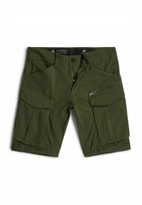 Pantaloni cargo verde oliva con molte tasche, una tasca con zip, davanti piatto e vita di misura 32. Realizzati in tessuto resistente.