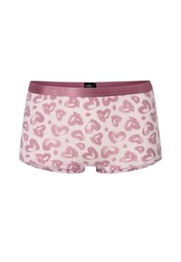 Niedrig geschnittene Boxershorts aus weichem pinkfarbenem Stoff mit einem sich wiederholenden Herzmuster in dunklerem Pink. Mit einem glatten, passenden Bund ausgestattet.