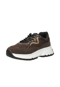Bruine sneaker van mesh en suède materialen, met bronzen accenten, zwarte veters en een dikke witte tussenzool. Geverfde rubberen buitenzool.