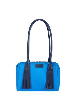 Blue rectangular handbag with textured fabric, long dark navy handles, and matching tassel accents on each side below the handles.