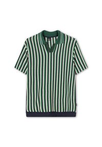 Polo à manches courtes avec un motif rayé vert, marine et blanc. Il dispose d'un col en V et d'un ourlet inférieur uni marine. Fabriqué en matériau en mailles texturées.