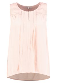 Ljust rosa ärmlös topp med plisserad framdetalj och nyckelhålskrage. Mjuk tyg med en något rundad nederkant och sydda detaljer.
