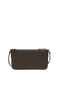 Braune Leder-Clutch mit glatter Oberfläche, Reißverschluss und abnehmbarem Tragegurt. Rechteckige Form mit minimalistischem Design.