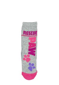 Calcetín gris hasta el tobillo con "RESCUE PAW" en letras gruesas rosa y morado, con diseños de huellas de patas en rosa y morado a los lados.