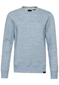 Felpa crewneck azzurro chiaro con macchie, maniche lunghe e polsini e orlo a coste, con un piccolo etichetta nera e rossa vicino al fondo.
