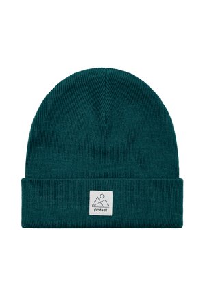 Teal gebreide muts met een omgevouwen rand en een witte vierkante patch met een minimalistisch berglogo en het woord "protest."