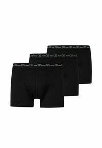 Drie zwarte boxershorts voor mannen met elastische taillebanden, voorzien van witte "QS" branding, overlappend en gerangschikt op een witte achtergrond.