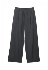 Dark gray wide-leg pants with an elastic waistband, made from lightweight, flowy fabric.