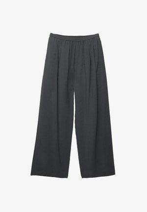 Dark gray wide-leg pants with an elastic waistband, made from lightweight, flowy fabric.