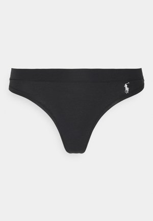 Tanga de algodón negro con una textura suave, que presenta una cinturilla de corte bajo y un pequeño logotipo bordado en la cadera izquierda.