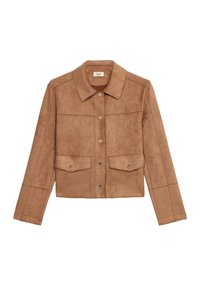Giacca cropped in suede marrone con colletto, bottoni a scatto frontali, due tasche sul petto e dettagli di cucitura a contrasto.