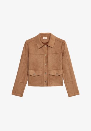 Brown suede cropped jacket with a collared neckline, front snap buttons, two chest pockets, and contrasting stitching details.