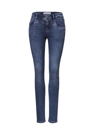 Enge Jeans aus dunklem Denim mit mittlerer Taille, zwei vorderen Taschen und doppeltem Knopfverschluss. Glatte Textur mit minimaler Ausbleichung.